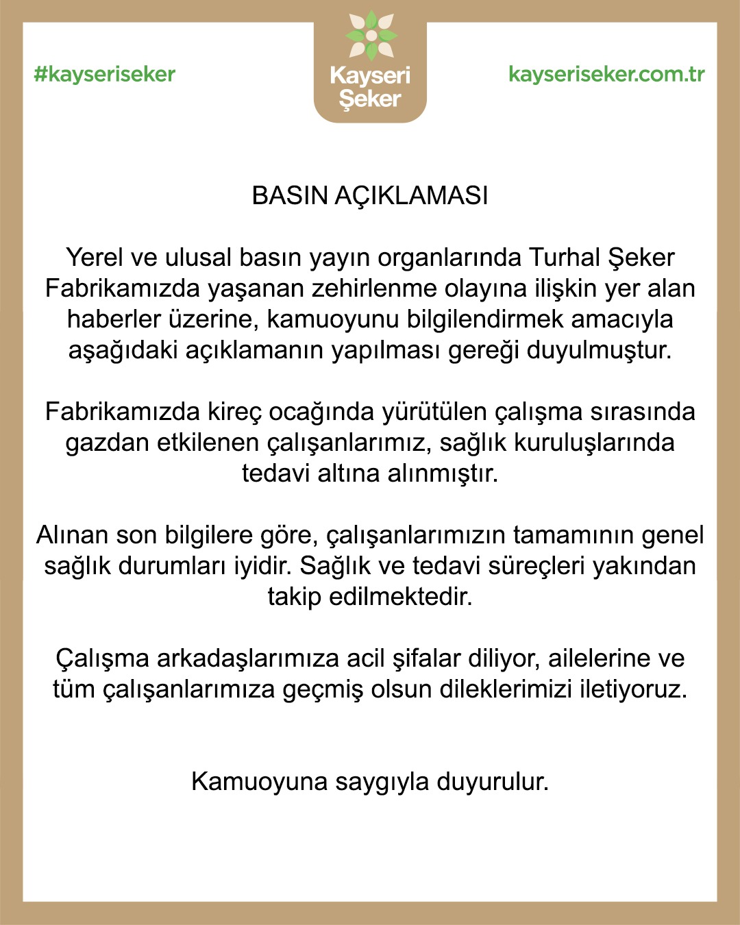 Kayseri Şeker'den Turhal şekerle ilgili kamuoyu açıklaması