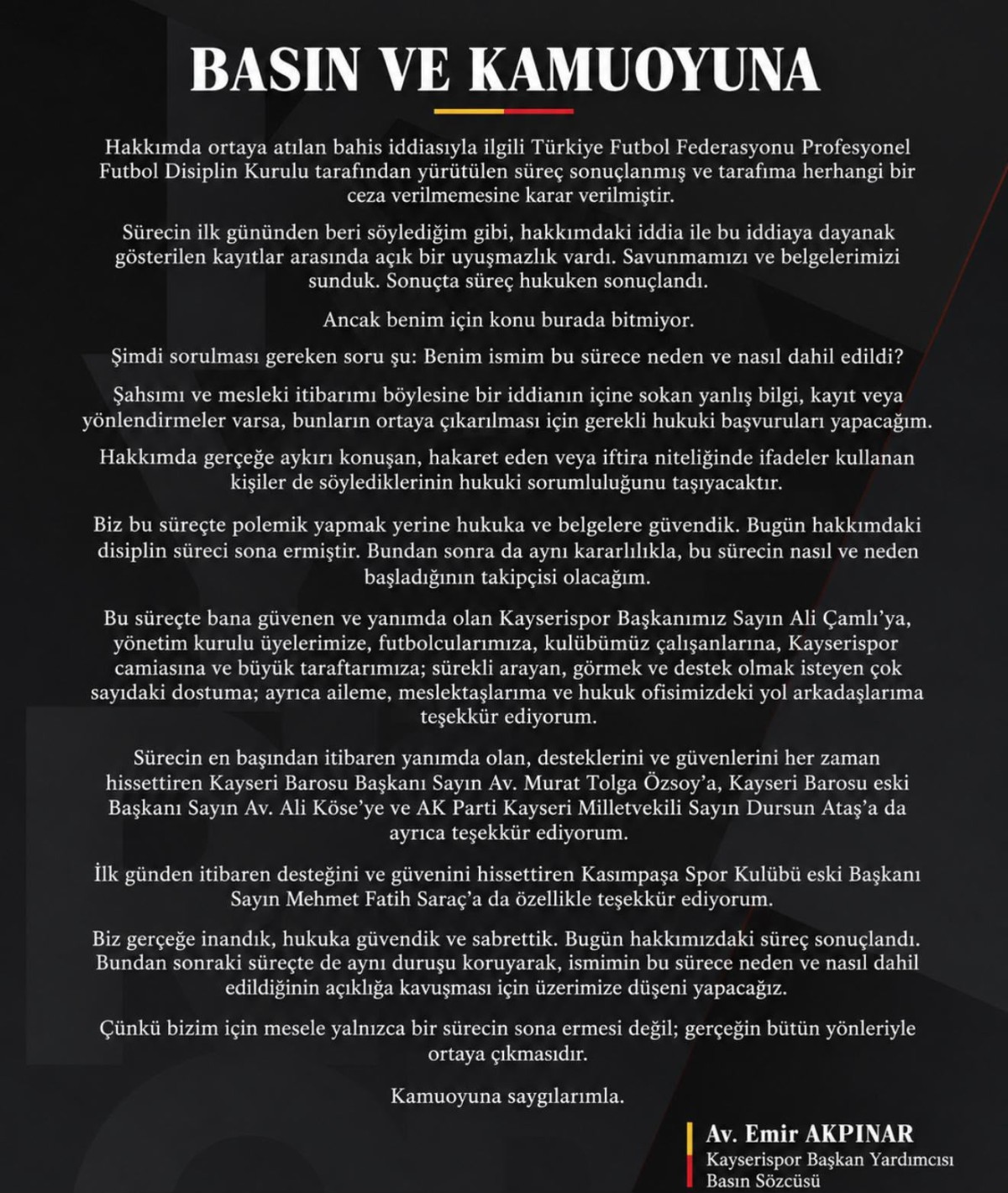 Kayserispor'dan kamuoyu duyurusu!