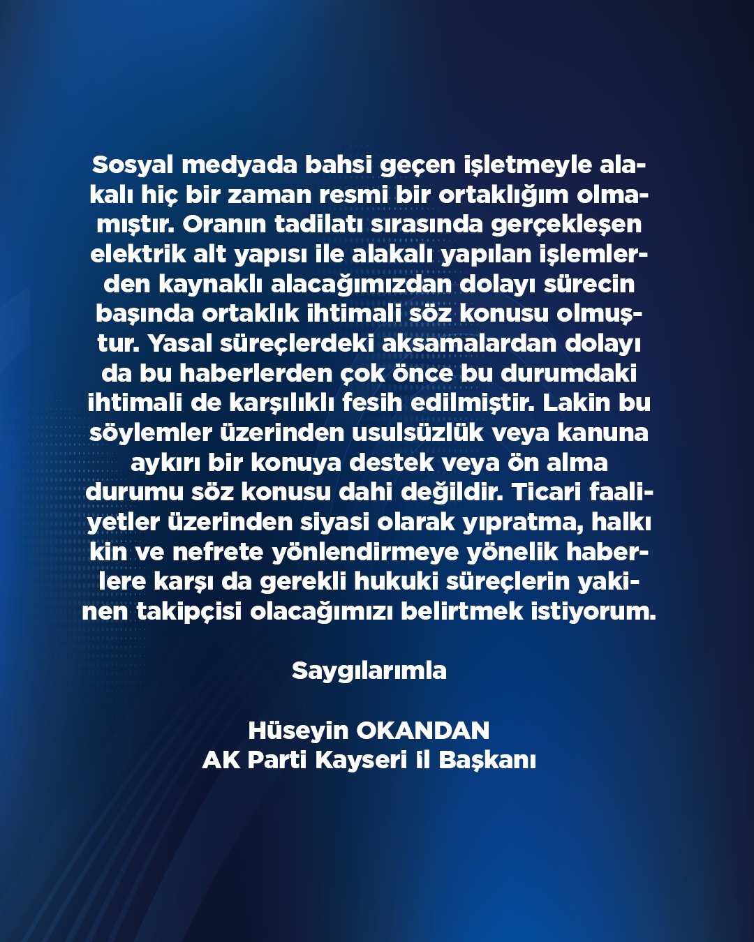 Başkan Okandan'dan kamuoyu duyurusu